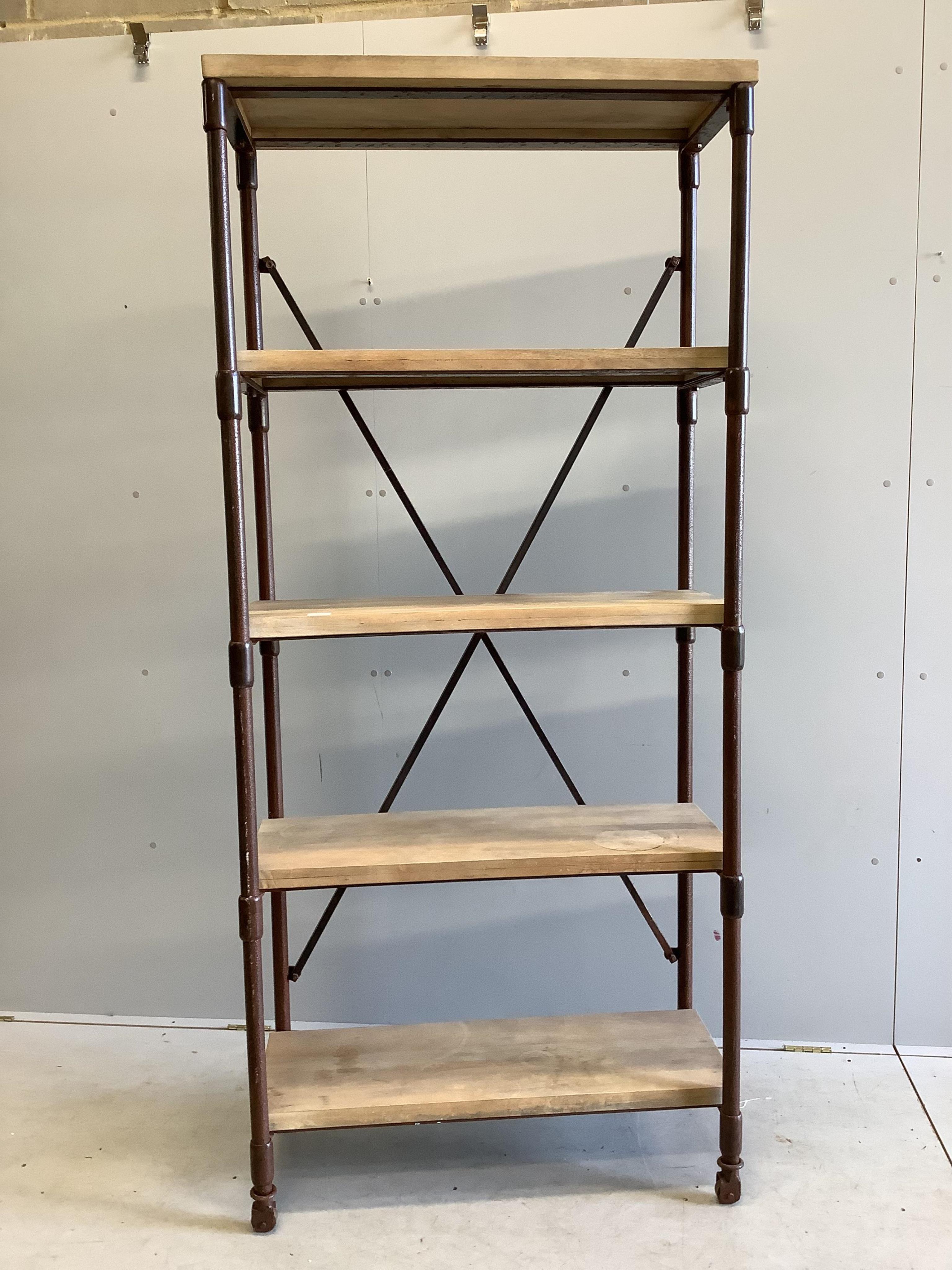 An industrial style open shelf unit, width 90cm, depth 39cm, height 202cm. Condition - fair